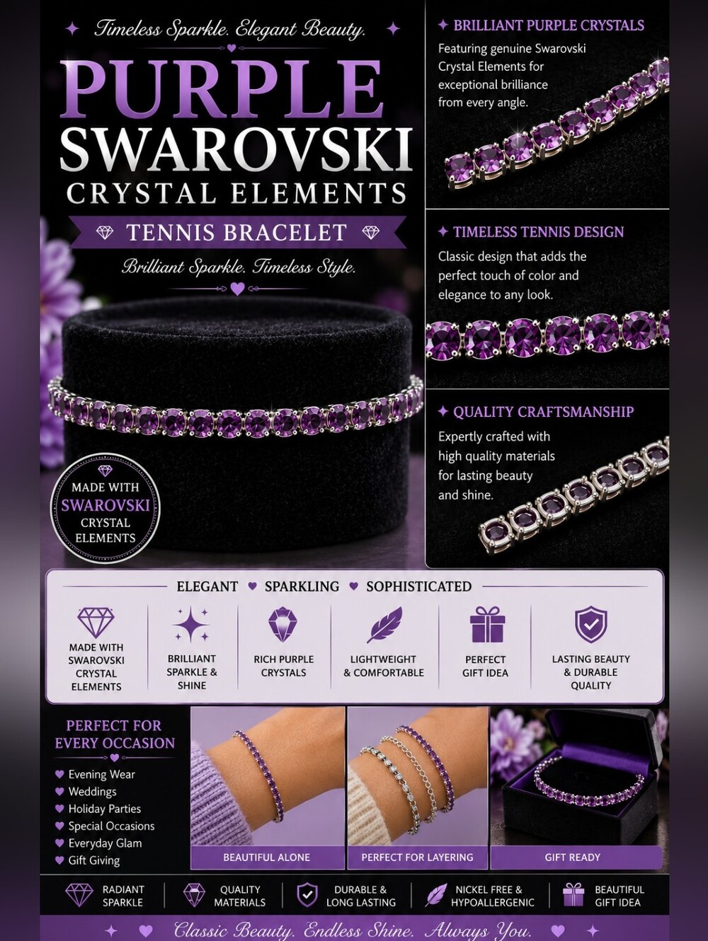 Purple Crystal Tennis Bracelet - Elegant Purple Sparkle